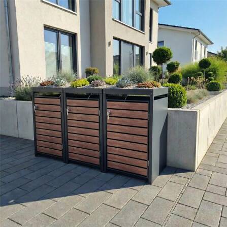 Metzler Mülltonnenbox mit Pflanzdach | 3er | 240l | in Holzoptik | Anthrazit RAL 7016 | aus Stahl | rostfrei & massiv | Türgriff mit Schloss