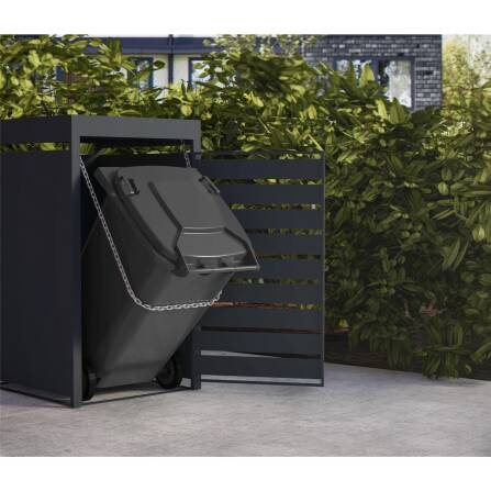 Metzler Mülltonnenbox mit Pflanzdach | 1er | 240l | in Holzoptik | Anthrazit RAL 7016 | aus Stahl | rostfrei & massiv | Türgriff mit Schloss