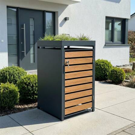 Metzler Mülltonnenbox mit Pflanzdach | 1er | 240l | in Holzoptik | Anthrazit RAL 7016 | aus Stahl | rostfrei & massiv | Türgriff mit Schloss