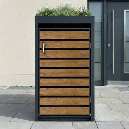 Metzler Mülltonnenbox mit Pflanzdach | 1er | 240l | in Holzoptik | Anthrazit RAL 7016 | aus Stahl | rostfrei & massiv | Türgriff mit Schloss