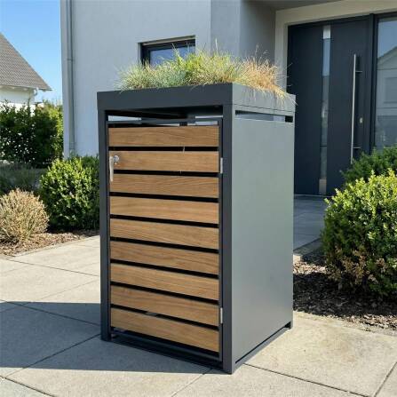 Metzler Mülltonnenbox mit Pflanzdach | 1er | 240l | in Holzoptik | Anthrazit RAL 7016 | aus Stahl | rostfrei & massiv | Türgriff mit Schloss