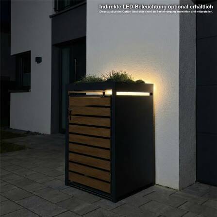 Metzler Mülltonnenbox mit Pflanzdach | 1er | 240l | in Holzoptik | Anthrazit RAL 7016 | aus Stahl | rostfrei & massiv | Türgriff mit Schloss