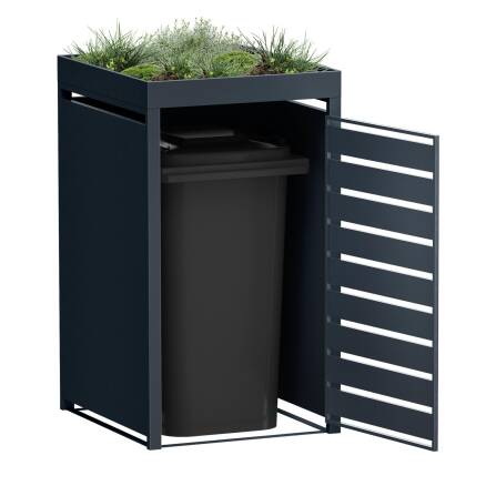 Metzler Mülltonnenbox mit Pflanzdach | 1er | 240l | in Holzoptik | Anthrazit RAL 7016 | aus Stahl | rostfrei & massiv | Türgriff mit Schloss