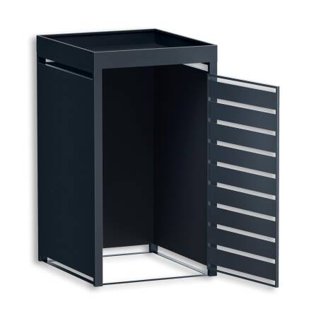 Metzler Mülltonnenbox mit Pflanzdach | 1er | 240l | in Holzoptik | Anthrazit RAL 7016 | aus Stahl | rostfrei & massiv | Türgriff mit Schloss