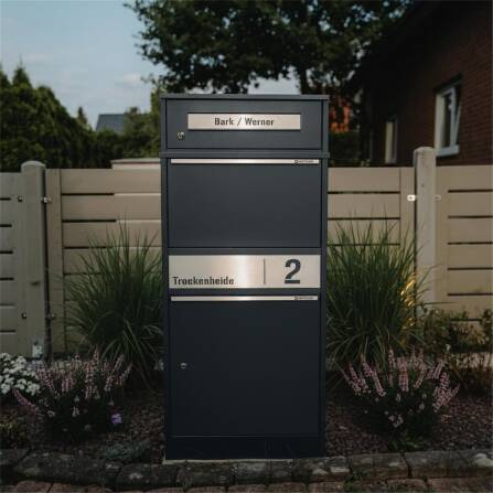 Metzler Paketbox mit Briefkasten | personalisiert mit Gravur | Edelstahl-Namensschild | mit Briefeinwurf | Bispo 2