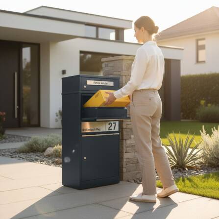 Metzler Paketbox mit Briefkasten | personalisiert mit Gravur | Edelstahl-Namensschild | mit Briefeinwurf | Bispo 2