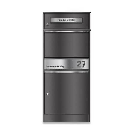 Metzler Cassetta per pacchi con cassetta postale | DB 703 effetto ferro micaceo | personalizzabile con incisione | targhetta nome in acciaio inox | con fessura per lettere | Bispo 2