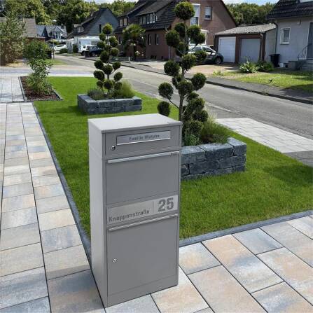 Metzler Paketbox mit Briefkasten | personalisiert mit Gravur | Edelstahl-Namensschild | mit Briefeinwurf | Grau | Bispo 2