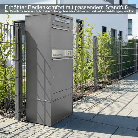 Metzler Paketbox mit Briefkasten | personalisiert mit Gravur | Edelstahl-Namensschild | mit Briefeinwurf | Grau | Bispo 2