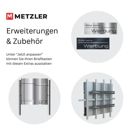 Metzler Briefkasten mit Edelstahlfront | personalisiert mit Gravur | Edelstahl-Namensschild | mit Zeitungsfach | Ebenhard
