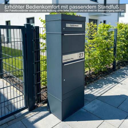 Metzler Paketbox mit Pflanzdach | RAL 7016 Anthrazit | personalisiert mit Gravur | Edelstahl-Namensschild | mit Briefeinwurf | Bispo 2