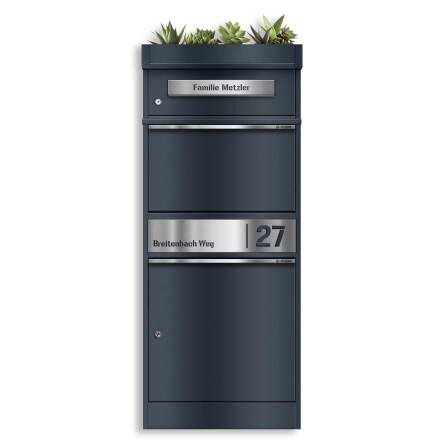 Metzler Paketbox mit Pflanzdach | RAL 7016 Anthrazit | personalisiert mit Gravur | Edelstahl-Namensschild | mit Briefeinwurf | Bispo 2