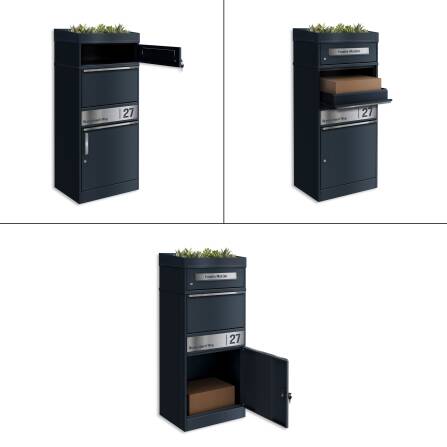 Metzler Paketbox mit Pflanzdach | RAL 7016 Anthrazit | personalisiert mit Gravur | Edelstahl-Namensschild | mit Briefeinwurf | Bispo 2