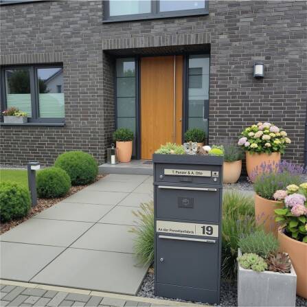 Metzler Paketbox mit Pflanzdach | RAL 7016 Anthrazit | personalisiert mit Gravur | Edelstahl-Namensschild | mit Briefeinwurf | Bispo 2