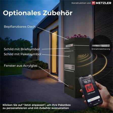 Metzler Paketbox mit Pflanzdach | DB 703 Eisenglimmer | personalisiert mit Gravur | Edelstahl-Namensschild | mit Briefeinwurf | Bispo 2