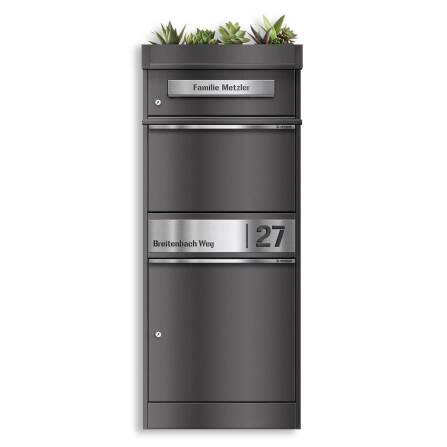 Metzler Paketbox mit Pflanzdach | DB 703 Eisenglimmer | personalisiert mit Gravur | Edelstahl-Namensschild | mit Briefeinwurf | Bispo 2