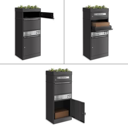 Metzler Paketbox mit Pflanzdach | DB 703 Eisenglimmer | personalisiert mit Gravur | Edelstahl-Namensschild | mit Briefeinwurf | Bispo 2