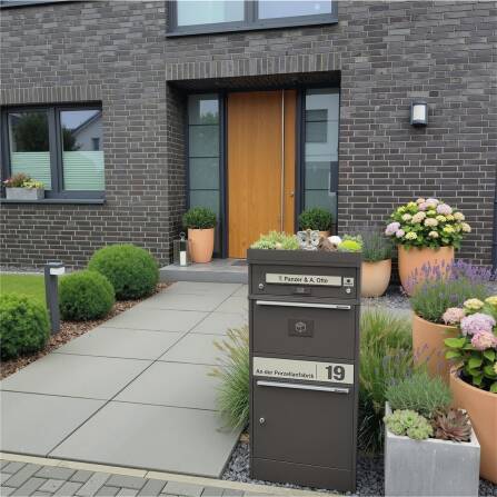 Metzler Paketbox mit Pflanzdach | DB 703 Eisenglimmer | personalisiert mit Gravur | Edelstahl-Namensschild | mit Briefeinwurf | Bispo 2