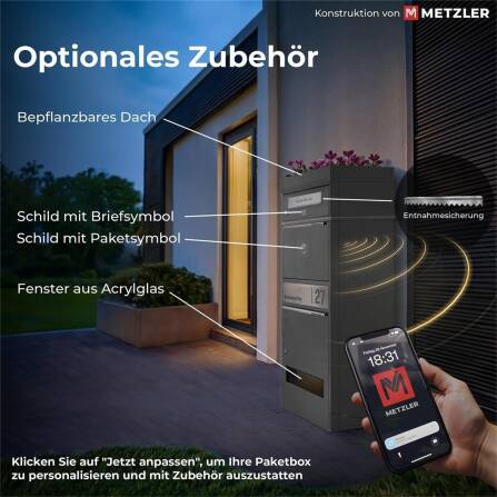 Metzler Paketbox mit Pflanzdach | Grau | personalisiert mit Gravur | Edelstahl-Namensschild | mit Briefeinwurf | Bispo 2