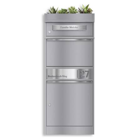 Metzler Paketbox mit Pflanzdach | Grau | personalisiert mit Gravur | Edelstahl-Namensschild | mit Briefeinwurf | Bispo 2