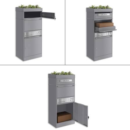 Metzler Paketbox mit Pflanzdach | Grau | personalisiert mit Gravur | Edelstahl-Namensschild | mit Briefeinwurf | Bispo 2