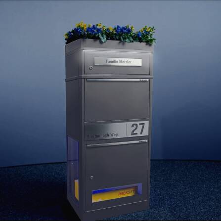 Metzler Paketbox mit Pflanzdach | Grau | personalisiert mit Gravur | Edelstahl-Namensschild | mit Briefeinwurf | Bispo 2