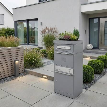 Metzler Paketbox mit Pflanzdach | Grau | personalisiert mit Gravur | Edelstahl-Namensschild | mit Briefeinwurf | Bispo 2