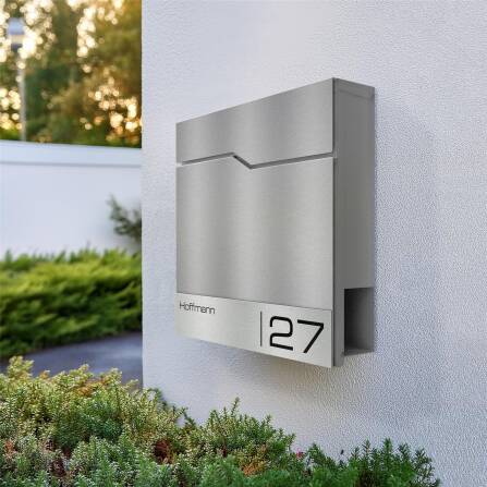 Metzler Briefkasten mit Edelstahlfront | personalisiert mit Gravur | Edelstahl-Namensschild | mit Zeitungsfach | Enno