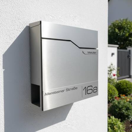 Metzler Briefkasten mit Edelstahlfront | personalisiert mit Gravur | Edelstahl-Namensschild | mit Zeitungsfach | Thobe