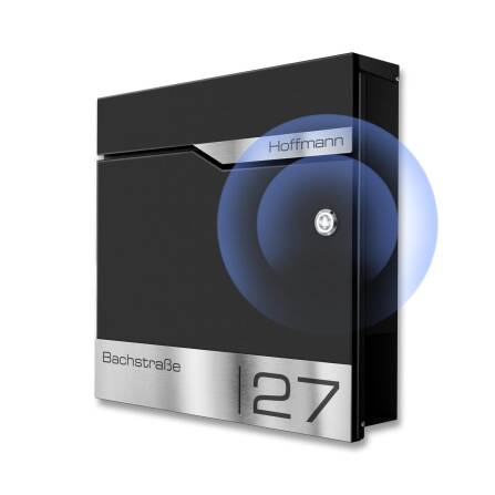 Metzler Briefkasten mit Funkklingel | personalisiert mit Gravur | Schwarz | Edelstahl-Namensschild |mit Zeitungsfach | Siebert