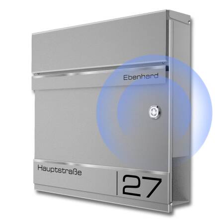 Metzler Briefkasten mit Funkklingel | personalisiert mit Gravur | Grau | Edelstahl-Namensschild | mit Zeitungsfach | Hermann