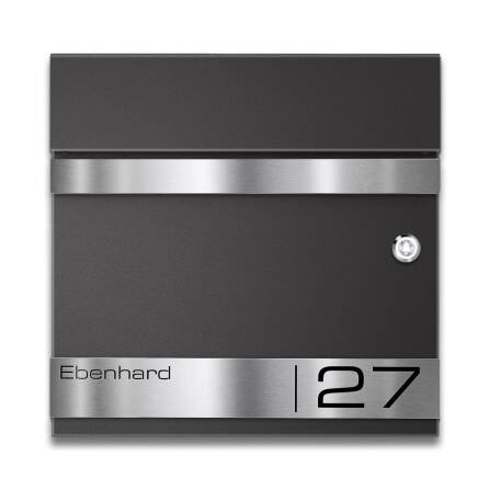 Metzler Briefkasten mit Funkklingel | personalisiert mit Gravur | Eisenglimmer | Edelstahl-Namensschild | mit Zeitungsfach | Stencil DB 703 Eisenglimmer