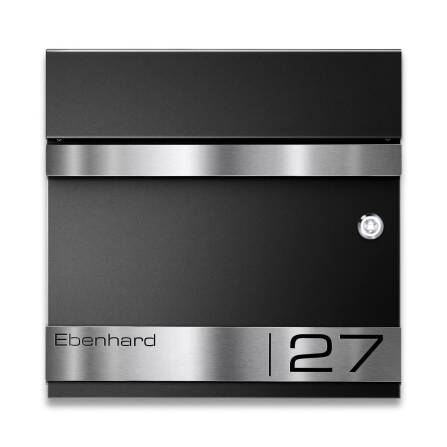 Metzler Briefkasten mit Funkklingel | personalisiert mit Gravur | Schwarz | Edelstahl-Namensschild | mit Zeitungsfach | Stencil RAL 9005 Tiefschwarz