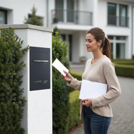 Metzler Unterputz-Briefkasten | personalisiert mit Gravur | Anthrazit RAL 7016 | Edelstahl-Namensschild | Hugo 2