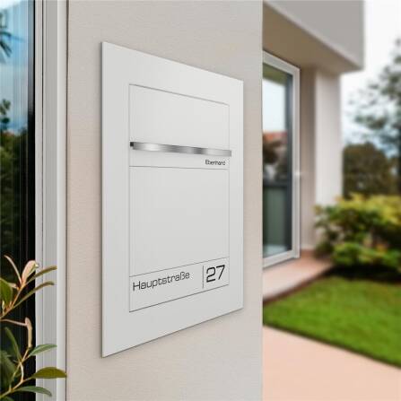 Metzler Briefkasten Unterputz | personalisiert mit Gravur | Weiß | Edelstahl-Namensschild | Hugo 2