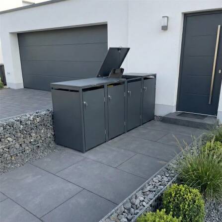 Metzler Mülltonnenbox | 4er | 240l | aus Stahl | rostfrei & massiv | Türgriff mit Schloss