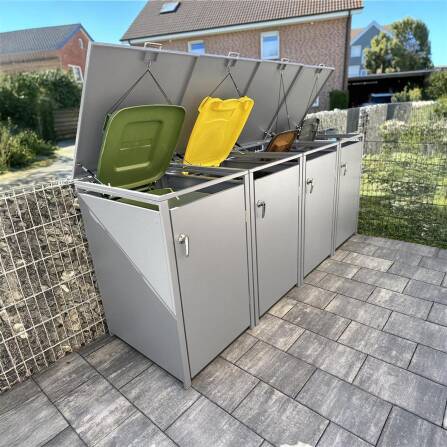 Metzler Mülltonnenbox | 4er | 240l | Grau | aus Stahl | rostfrei & massiv | Türgriff mit Schloss