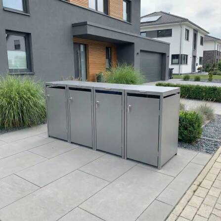 Metzler Mülltonnenbox | 4er | 240l | Grau | aus Stahl | rostfrei & massiv | Türgriff mit Schloss