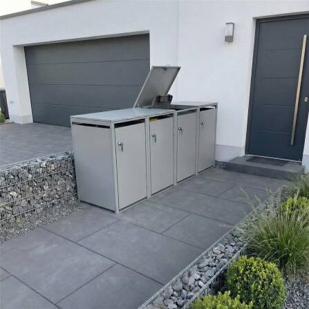 Metzler Mülltonnenbox | 4er | 240l | Grau | aus Stahl | rostfrei & massiv | Türgriff mit Schloss