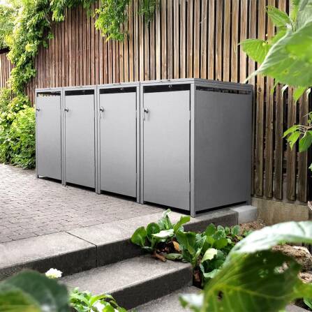 Metzler Mülltonnenbox | 4er | 240l | Grau | aus Stahl | rostfrei & massiv | Türgriff mit Schloss