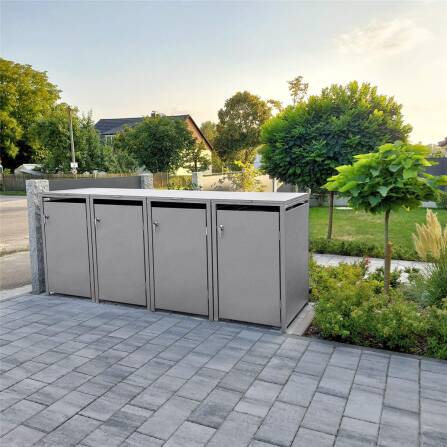 Metzler Mülltonnenbox | 4er | 240l | Grau | aus Stahl | rostfrei & massiv | Türgriff mit Schloss