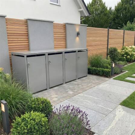 Metzler Mülltonnenbox | 4er | 240l | Grau | aus Stahl | rostfrei & massiv | Türgriff mit Schloss