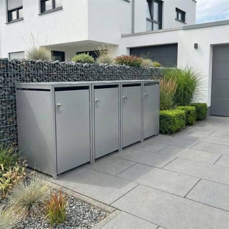 Metzler Mülltonnenbox | 4er | 240l | Grau | aus Stahl | rostfrei & massiv | Türgriff mit Schloss