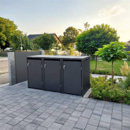 Metzler Mülltonnenbox | 3er | 240l | aus Stahl | rostfrei & massiv | Türgriff mit Schloss