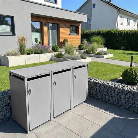 Metzler Mülltonnenbox | 3er | 240l | Grau | aus Stahl | rostfrei & massiv | Türgriff mit Schloss