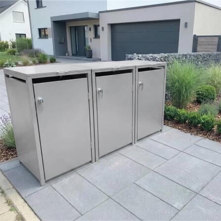 Metzler Mülltonnenbox | 3er | 240l | Grau | aus Stahl | rostfrei & massiv | Türgriff mit Schloss