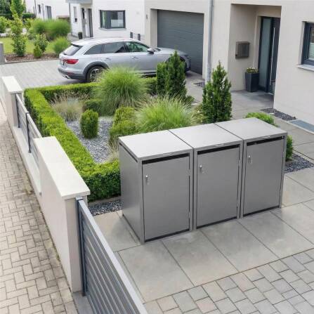 Metzler Mülltonnenbox | 3er | 240l | Grau | aus Stahl | rostfrei & massiv | Türgriff mit Schloss