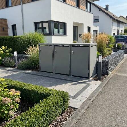 Metzler Mülltonnenbox | 3er | 240l | Grau | aus Stahl | rostfrei & massiv | Türgriff mit Schloss