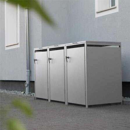 Metzler Mülltonnenbox | 3er | 240l | Grau | aus Stahl | rostfrei & massiv | Türgriff mit Schloss