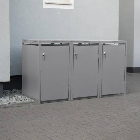 Metzler Mülltonnenbox | 3er | 240l | Grau | aus Stahl | rostfrei & massiv | Türgriff mit Schloss